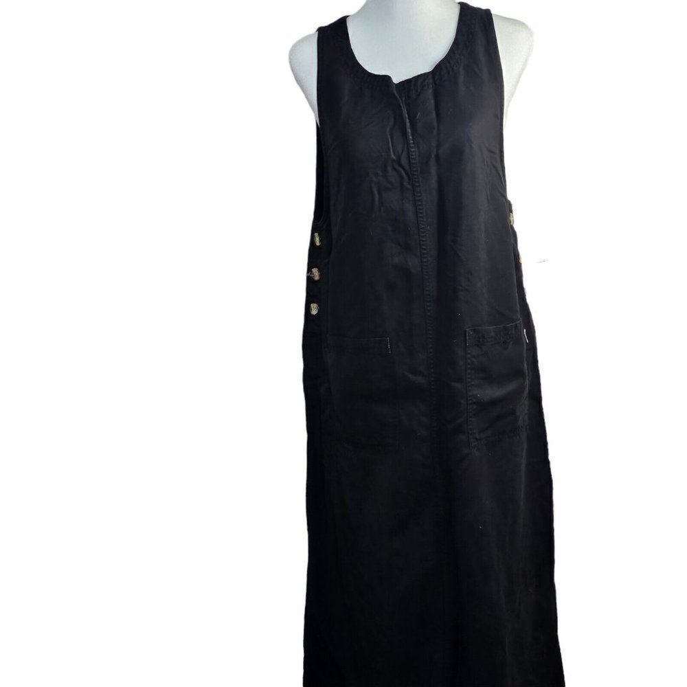 Vintage 90s Pinafore Maxi Dress Womens Size Petite Medium Black Pockets